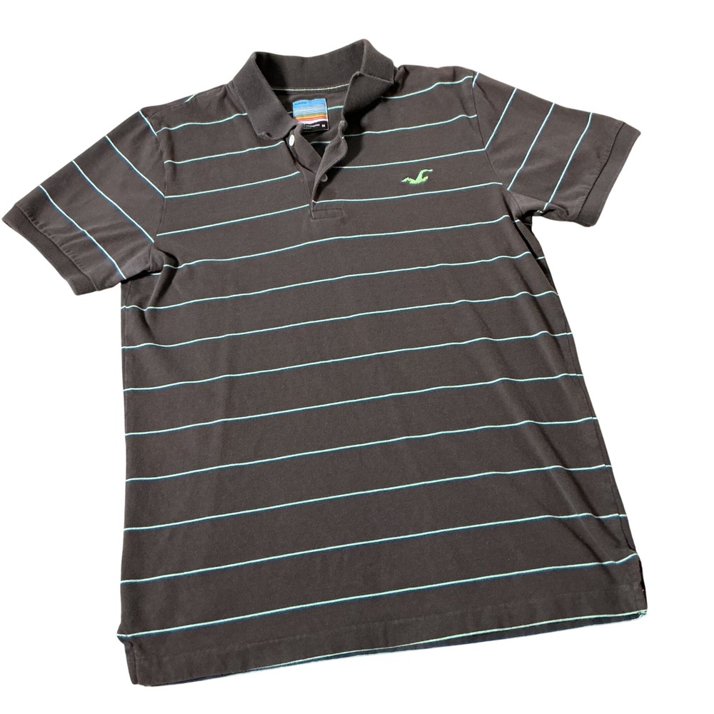 Hollister Striped Logo Polo Shirt Mens Medium Brown Blue Green Y2K Preppy Cotton